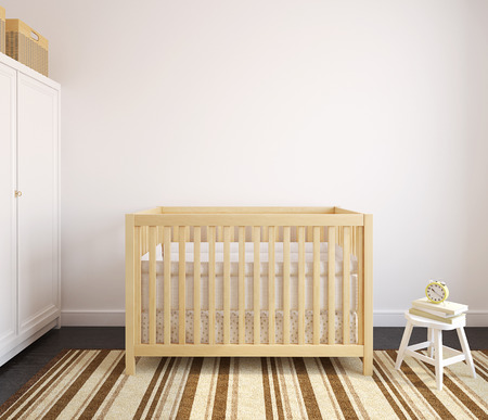 Interior of nursery with wooden crib.  3d render.の写真素材