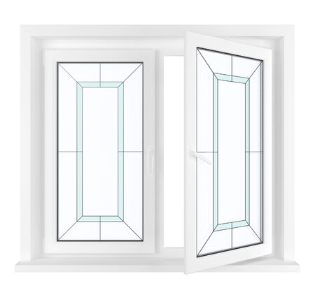 New half opened plastic glass window frame isolated on white background. 3d render.の写真素材