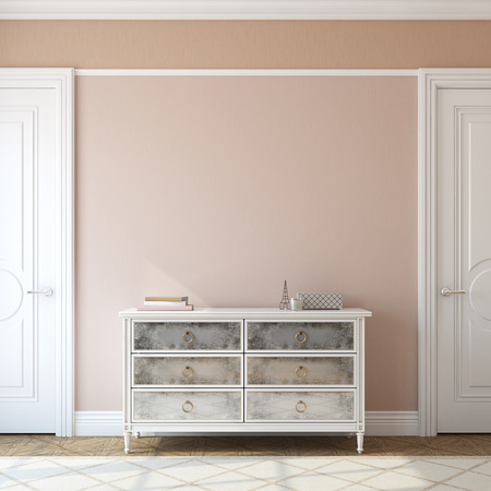 Interior of foyer with dresser near empty pink wall. 3d render.