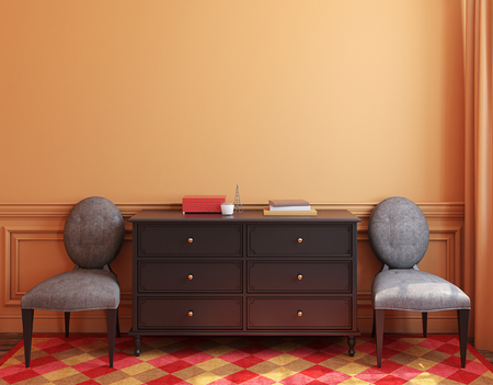 Interior with dresser and two chairs near empty wall. 3d render.の写真素材