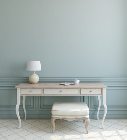 Beautiful modern interior with white table and ottoman near empty blue wall. 3d render.の写真素材