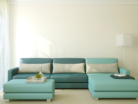 Interior of modern living-room with blue couch. 3d render.の写真素材