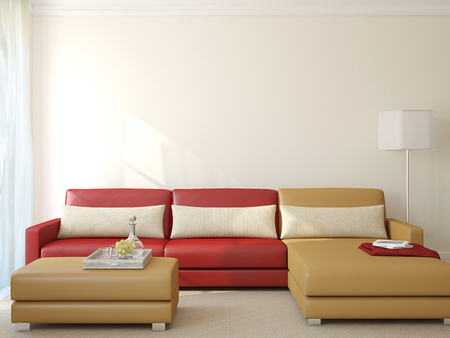 Interior of modern living-room with blue couch. 3d render.の写真素材