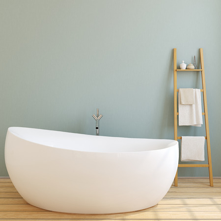 Interior of modern bathroom with blue wall and wooden floor. 3d render.の写真素材