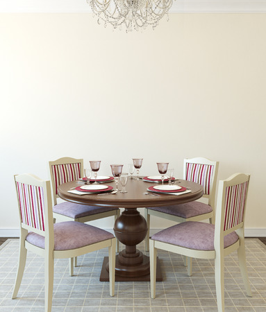 Modern dining-room interior.Wooden table and four chairs. 3d render.の写真素材