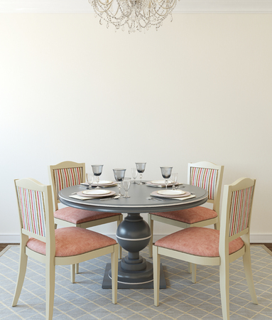 Modern dining-room interior.Table and four chairs. 3d render.の写真素材