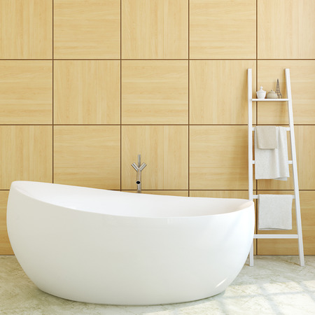 Interior of modern bathroom with wooden wall. 3d render.の写真素材