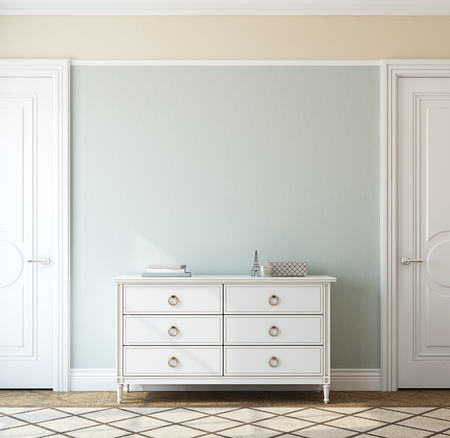 Interior of foyer with dresser near empty blue wall. 3d render.の写真素材