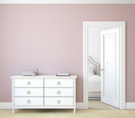 Modern hallway with open door. White dresser near pink wall. 3d render.の写真素材