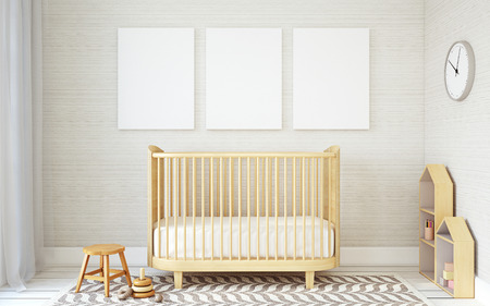 Interior of nursery in scandinavian style. Mock-up interior with posters. 3d render.の写真素材