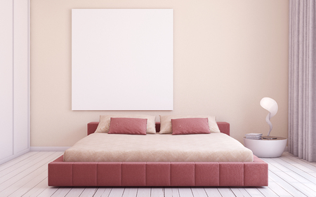 Modern bedroom interior. Mock-up interior with poster. 3d render.の写真素材