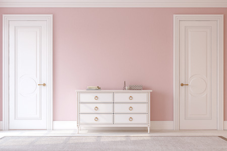 Modern hallway. White dresser near pink wall. Interior mockup. 3d render.の写真素材