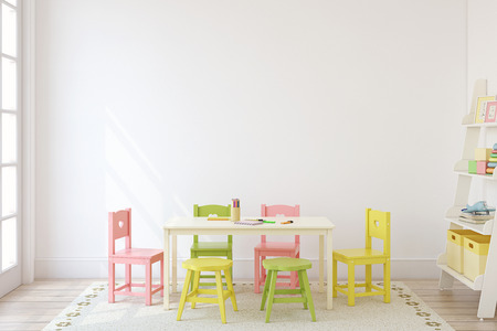 Playroom with kid's table and chairs. Interior mock up. 3d render.の写真素材