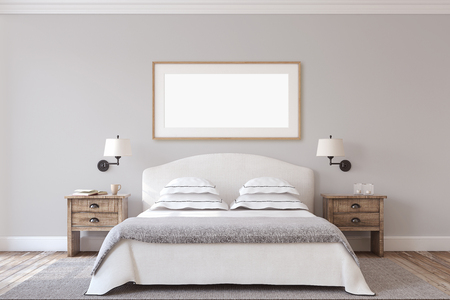 Bedroom interior in farmhouse style. Frame mock-up.3d render.の写真素材