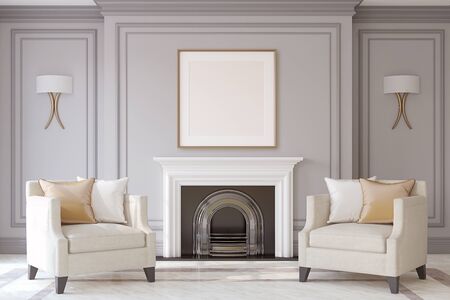 Interior with fireplace in neoclassic style. Frame mock-up. 3d render.の写真素材