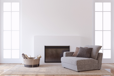 Modern interior with fireplace. Interior mock-up. 3d render.の写真素材