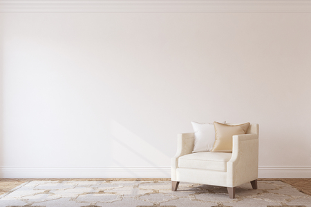 Interior with beige armchair near white wall. Interior mockup. 3d render.の写真素材