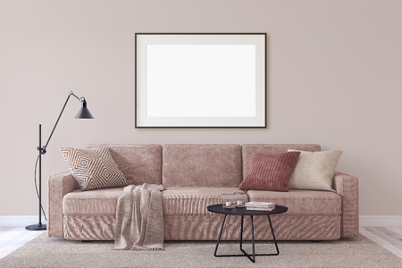 Interior and frame mockup. Modern couch near empty wall. 3d render.の写真素材