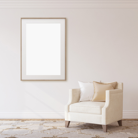 Interior and frame mockup. Armchair near empty white wall. 3d rendering.の写真素材