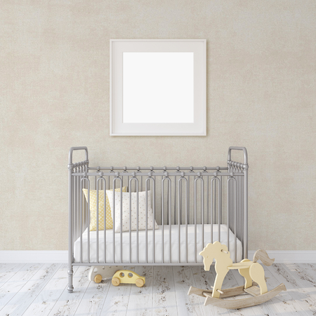 Farmhouse nursery. Gray metal crib near white wall. Square white frame on the wall. Interior and frame mock-up. 3d rendering.の写真素材