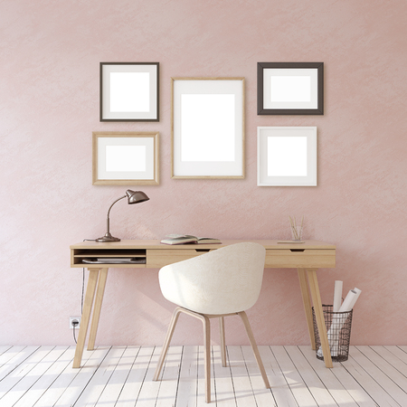 Home office. Interior and frame mockup. Wooden desk near pink wall. Different types of frames. 3d render.の写真素材