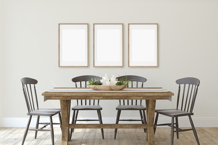 Modern farmhouse dining-room. Frame mockup. Three wooden frames on the wall. 3d render.の写真素材