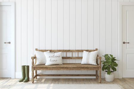 Farmhouse entryway. Wooden bench near white shiplap wall. Interior mockup. 3d render.