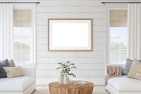 Modern living-room interior in coastal style. Interior and frame mockup. 3d render.の写真素材