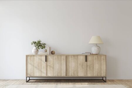 Modern entryway. Sideboard near empty white wall. Interior mockup. 3d render.の写真素材