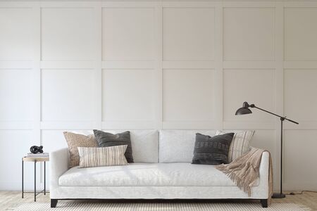 Modern living room interior. Interior mockup. The white couch near empty white panel wall. 3d render.の写真素材