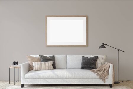 Modern living room interior with the white couch. Interior and frame mockup. 3d render.の写真素材