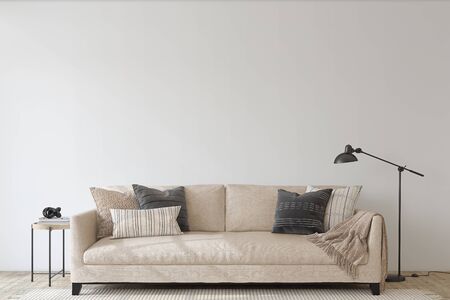 Modern living room interior. Interior mockup. The beige couch near empty white wall. 3d render.の写真素材