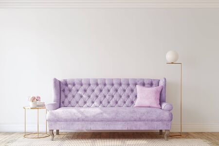 Romantic living room with the violet couch. Interior mockup. 3d render.の写真素材