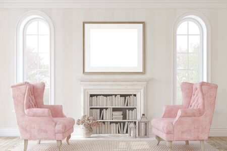 Romantic fireplace. Interior and frame mockup. 3d render.の写真素材