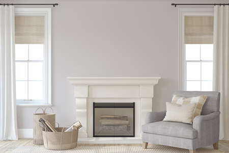 Interior with fireplace. Farmhouse style. Interior mockup. 3d render.の写真素材