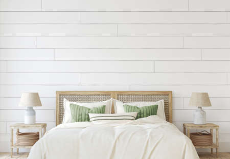 Coastal bedroom. Interior mockup. 3d render.の写真素材