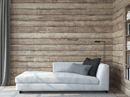 Modern living room interior. Interior mockup. The white couch near empty wooden wall. 3d render.の写真素材