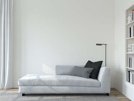Modern living room interior. Interior mockup. The white couch near empty white wall. 3d render.の写真素材