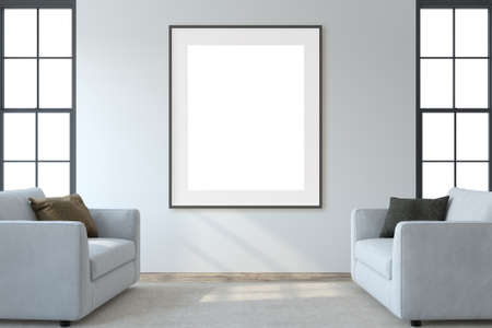Modern living room interior. Interior and frame mockup. Two white armchaira near white wall. 3d render.の写真素材