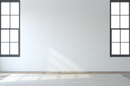 Interior. Empty modern room with white wall and two windows. 3d render.の写真素材