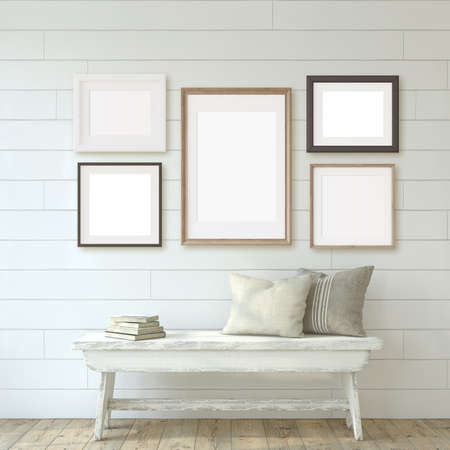 Farmhouse entryway. Wooden bench near white shiplap wall. Interior and frame mockup. 3d render.の写真素材