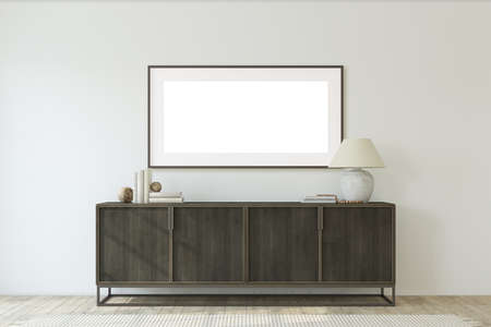 Modern entryway. Chest of drawers near white wall. Interior and frame mockup. 3d render.の写真素材