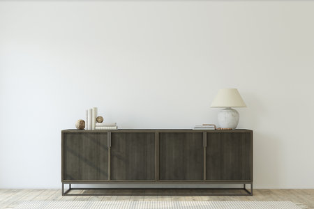 Modern entryway. Chest of drawers near empty white wall. Interior mockup. 3d render.の写真素材