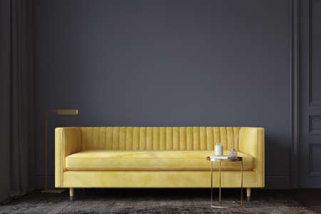 Modern living room interior. interior mockup. The yellow couch near empty dark gray wall. 3d rendering.の写真素材