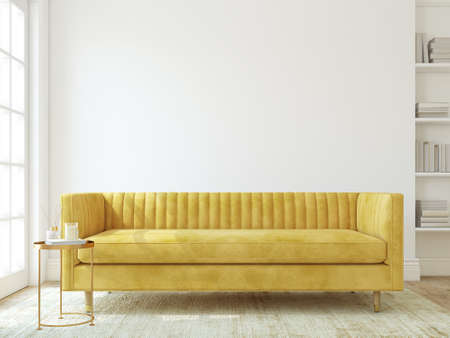 Modern living room interior. interior mockup. The yellow couch near the empty white wall. 3d...
