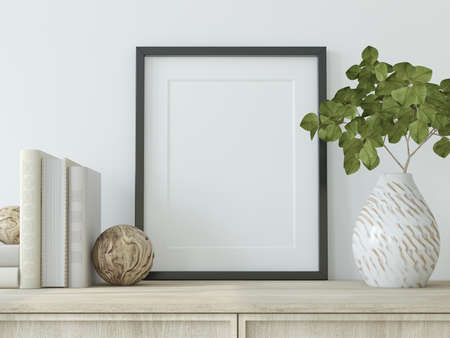 frame mockup. Interior with the black vertical frame near white wall. 3d rendering.