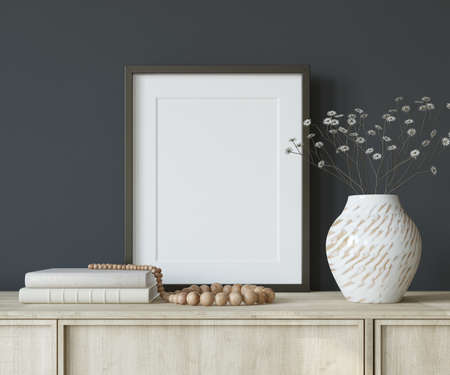 frame mockup. Interior with the black vertical frame near dark blue wall. 3d rendering.の写真素材