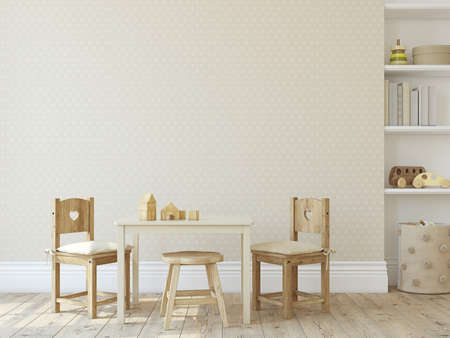 Playroom with kid's table and chairs near blank wall. interior mockup. 3d rendering.の写真素材