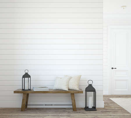 farmhouse entryway. Wooden bench near blank white wall. interior mockup. 3d rendering.の写真素材
