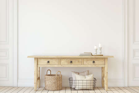 farmhouse hallway. Wooden console table near white wall. interior mockup. 3d rendering.の写真素材